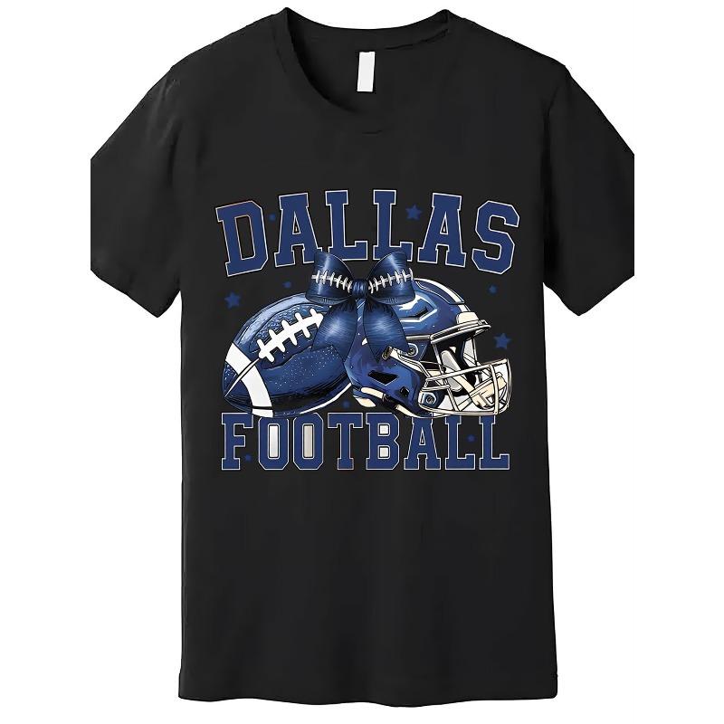 

European sizes Men s Dallas Football Graphic T-Shirt - Black with Blue Team Lettering & Helmet Print, Breathable Loose Fit Crew Neck Short 4XL чорний