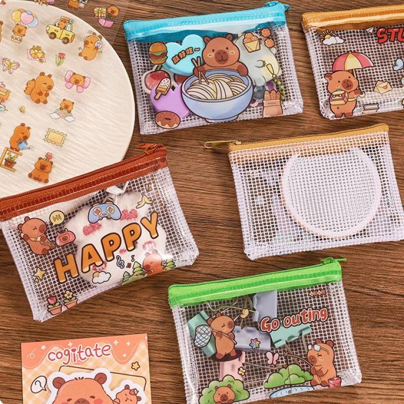 2Pcs Cute Capybara Coin Storage Bag Transparent Mesh Zipper Coin Purses Cartoon Wallet Portable Waterproof Clear Bags Gifts