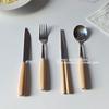 Simple INS wooden handle chopsticks knife fork spoon tableware set stainless steel Japanese style student portable love