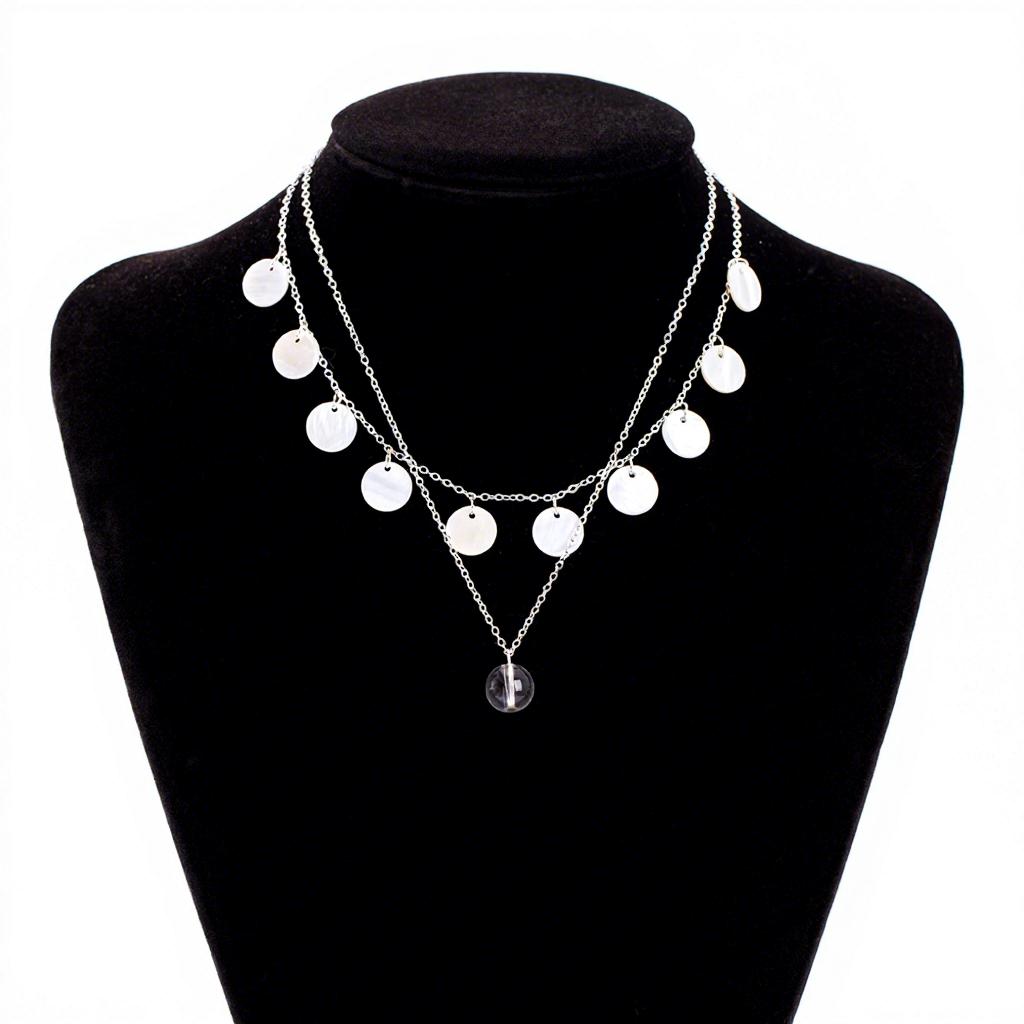 2Pcs Women White Shell Bohemian Round Disc Tassel Ball Layered Necklace Daily & Beach Jewelry