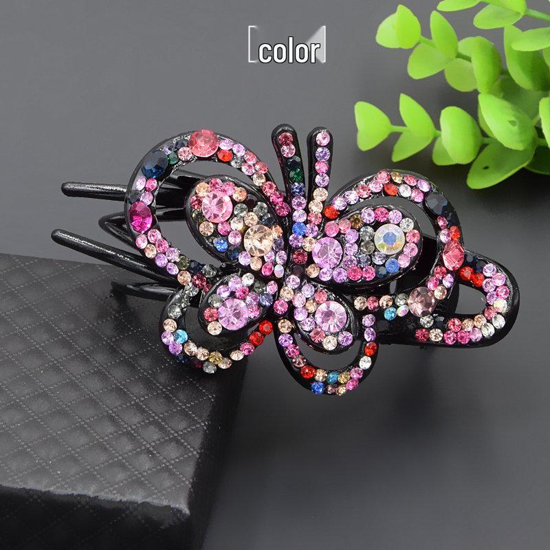 Korean Rhinestone Butterfly Hair Bun Clip - Women's Three-Pronged Duckbill Hair Accessory