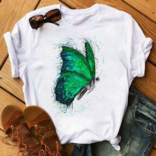 

Fashion Cartoon Butterfly Graphic Women T-Shirt Blouses 90S Summer Loose Short Sleeve Round Neck Female Tops Clothing XXXL білий