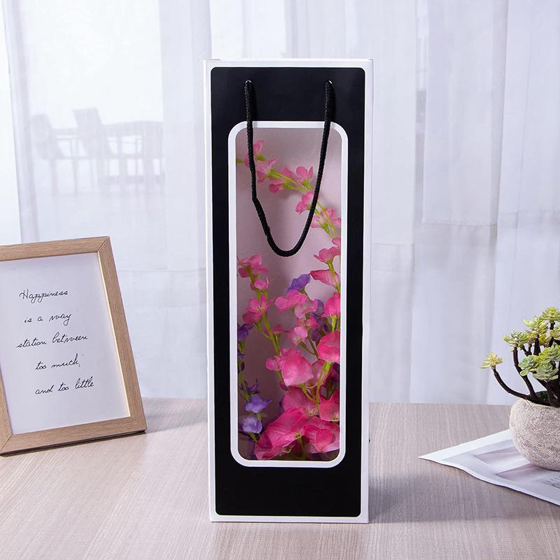 10pcs Red Wine Paper Bag Handbag Window Transparent PVC Kraft Paper Wine Handbag Flower Doll Rectangular Gift Packaging Bag