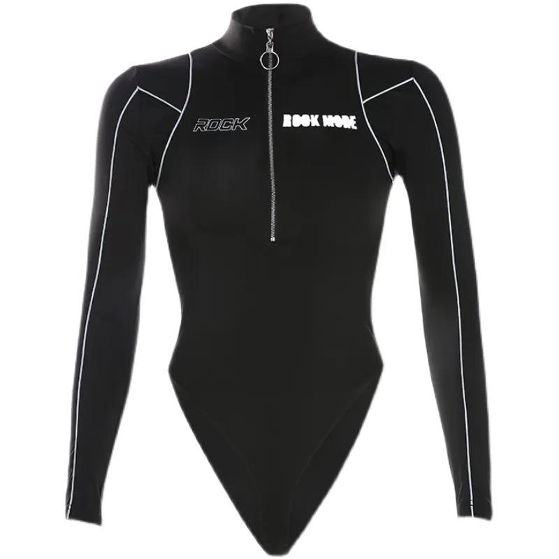 

Американский стиль, мотоциклетный стиль, линия, пикантная девушка, облегающий комбинезон на молнии с высоким воротником и длинными рукавами для женской одежды S чёрный