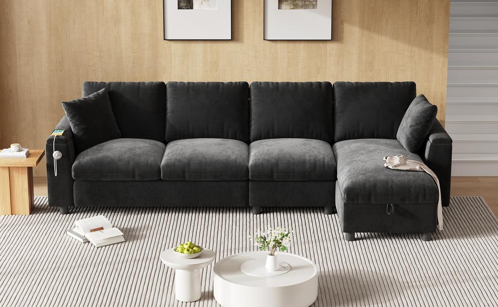 Chenille fabric sofa, L-shaped corner and two armrests with storage space. Fold-out coffee table with two drink holders, 1 USB, 1 Type-C. gray