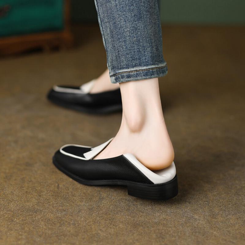 Fashion NEW Spring/Autumn Women Loafers Split Leather Shoes for Women Square Toe Chunky Heel Black Shoes Concise Low Heel Women Pumps