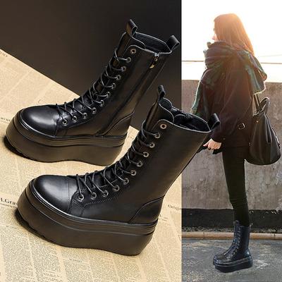 Koreanische Version von Martin-Stiefeln für Damen im Herbst 2025, neuer britischer Retro-Stil mit dicker Sohle und Absatz, einfarbige mittelhohe Stiefel, Leder