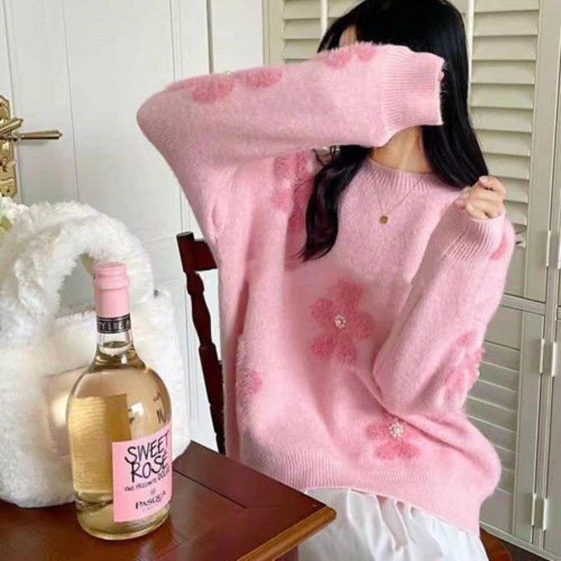 Milk Blue Soft Sweater Women's Fall and Winter Beaded Flowers Design Sense of Niche Fashion Foreign Sweet Comfortable and Versatile