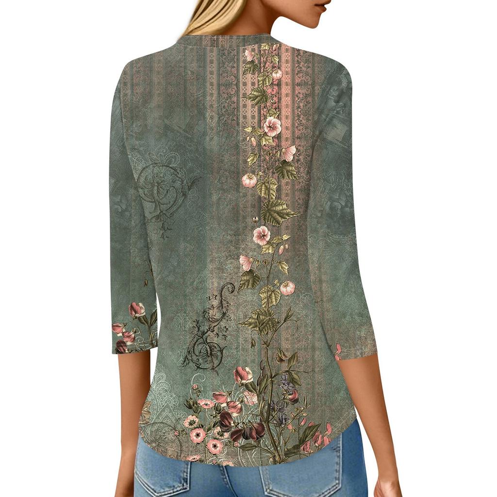 Women's Button Down Cardigan T Shirts 3/4 Sleeve V Neck Tees Casual  Fashion Printed T-shirt Tops