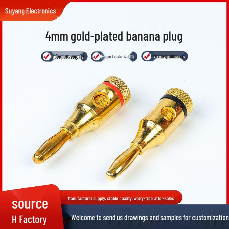 4mm Gold-Plated Banana Plug Connector for Speaker Cables and Amplifiers, Solderless Design.