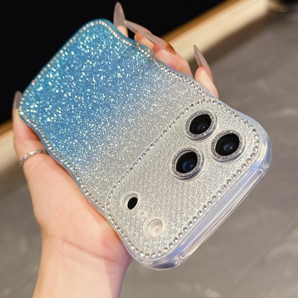 KEYSION Gradient Glitter Jewelled Phone Case for iPhone 16 17 Pro Max Air 16 Plus Wavy Border Lens Protector Shockproof Cover