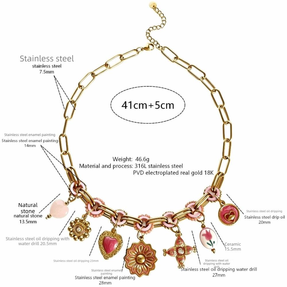 Adjustable Handmade Pendant Necklace Pink Enamel Boho Jewelry Elegant Multi Charms Necklace Women