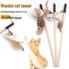 Interactive Gray/White Linen Mouse Cat Wand with Wooden Rod and Handle