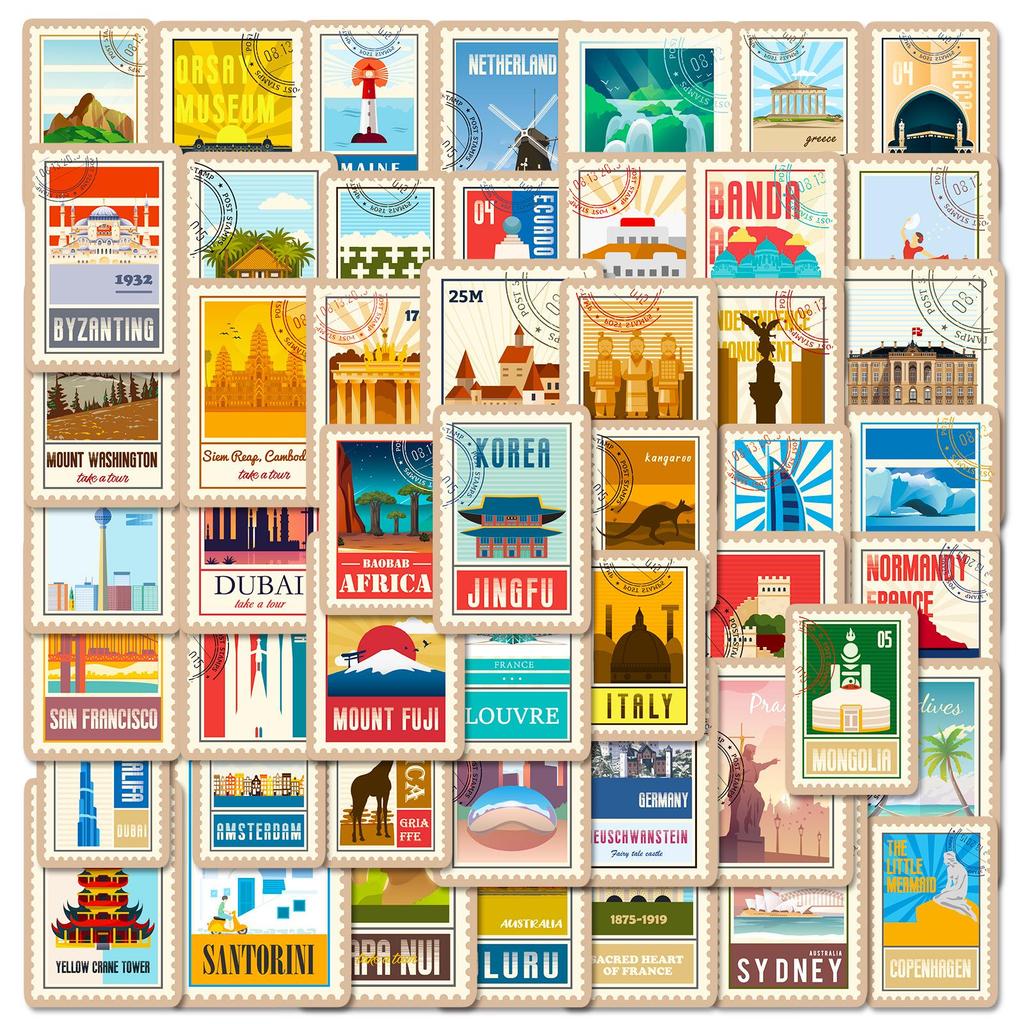 50 World Landmark Graffiti Stickers for Laptop, Bicycle, and Car Decals