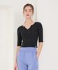 Reina Mora Rib Slit Neck Cropped 5/8 Sleeve Black