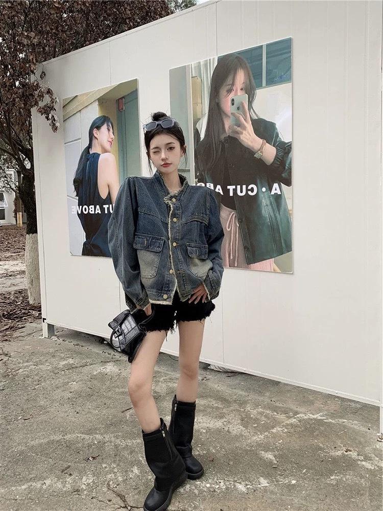Hong Kong Retro Washed Raw Edge Denim Jacket for Women - Spring/Autumn Korean Style, High-End Loose Slimming Fit