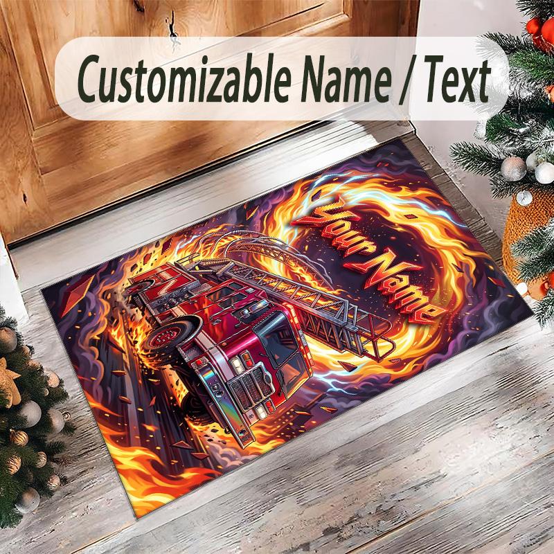 Fire Truck Theme Crystal Velvet Rug Personalized Custom Name Text Soft Floor Mat Home Decor