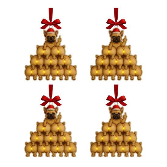 1/2/3/4Pcs Christmas Acrylic Bulldog Hanging Decoration Car Rearview Mirror Xmas Tree 2D Flat Santa Hat Dog Hanging Ornament Holiday Party Pendant