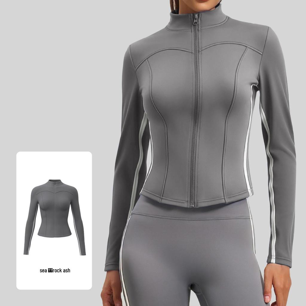 Women's Autumn & Winter Stand-up Collar Yoga Jacket, Waist-cinching Slim Fit, Long-sleeve, Outdoor Sports, Double-stitched Color-block Design.