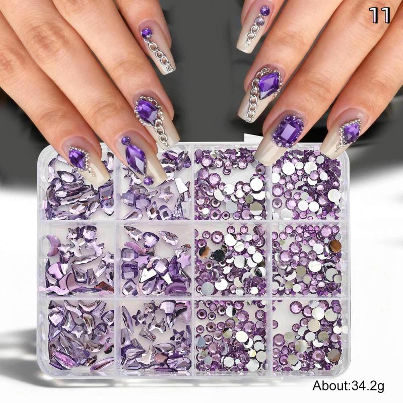 12 Grids Flat Bottom Mixed Nail Diamond 12 Color Nail Rhinestone Shiny Colorful Nail Gems Glass Stones Nail Charm