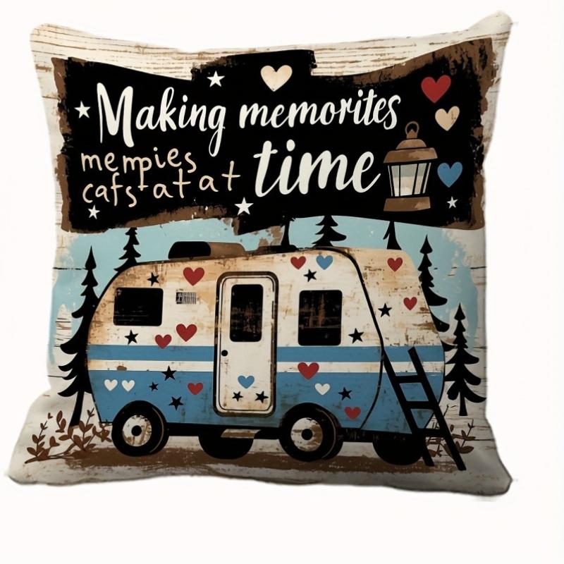Vintage Country Camping Pillow Covers Square Cushion Covers Camper Vans Pine Trees Adventure Outdoor Nature Home Decor Sofa Room