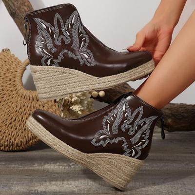 Retro Style Sexy Black Brown Leather Embroidery Pointed Toe Platform Women Short Boots Autumn Winter New 8cm Wedge Heel Shoes