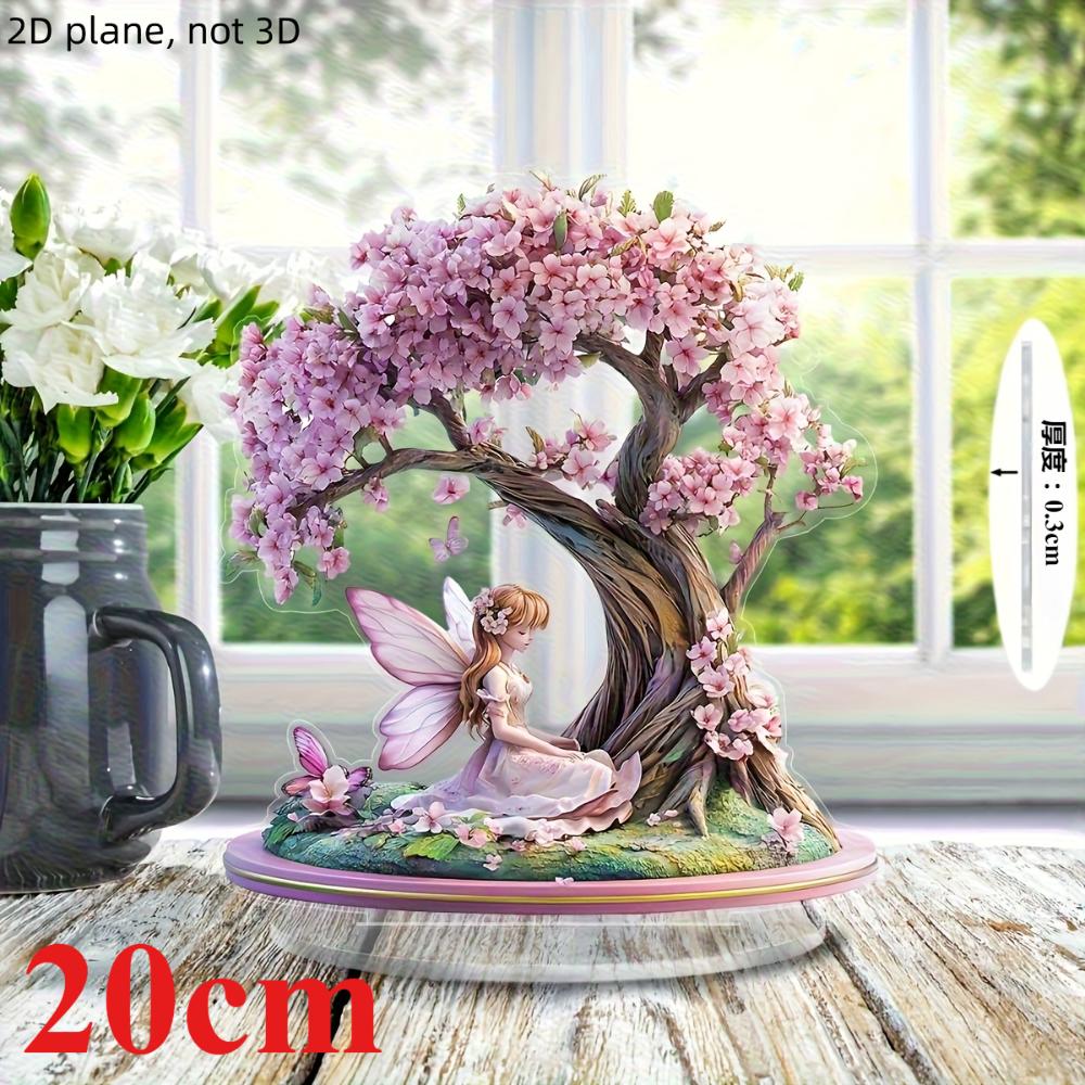 Elegantní růžová víla s kvetoucími třešňovými květy 2, plochý akryl, stolní dekorace, vhodné do obývacího pokoje, kanceláře, dárky, Vánoce, Halloween