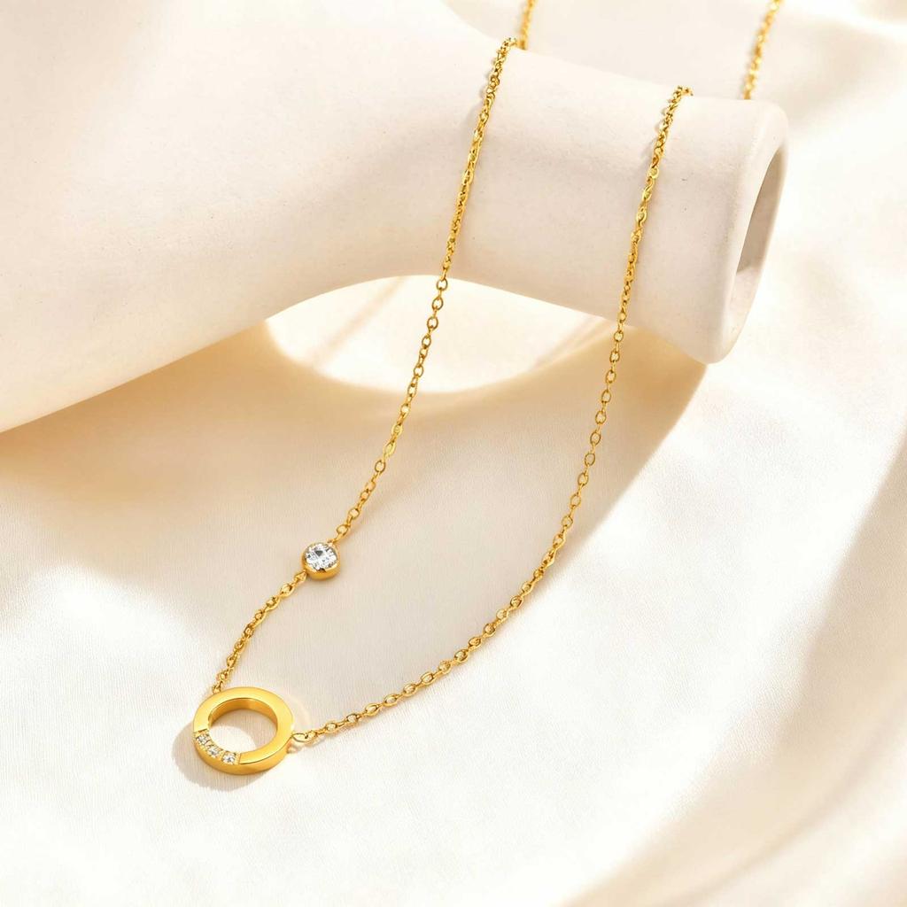 Shiny Round Ring Zircon Necklace for Women,18K Gold Plated Stainless Steel Rolo Chain Necklaces,Trendy Jewelry Gifts