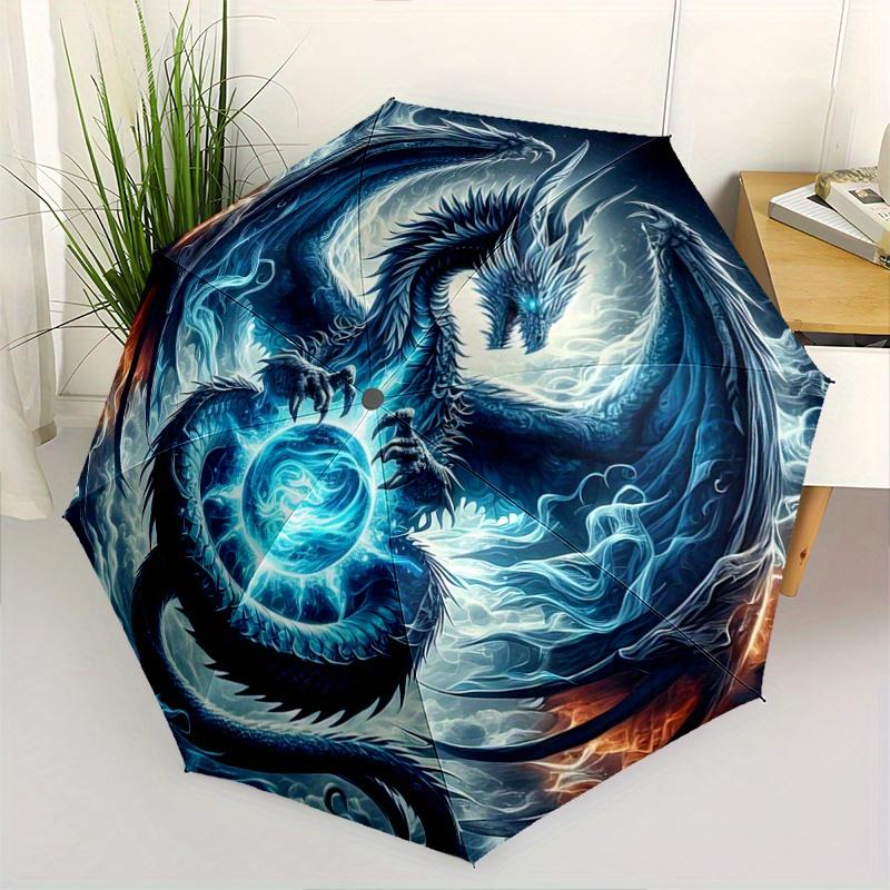 1pc Blue Dragon Pattern Beautiful Looking Automatic Folding Umbrella, 3 Folding, 8 Iron Frame Design, Durable and Suitable for Travel and Daily U