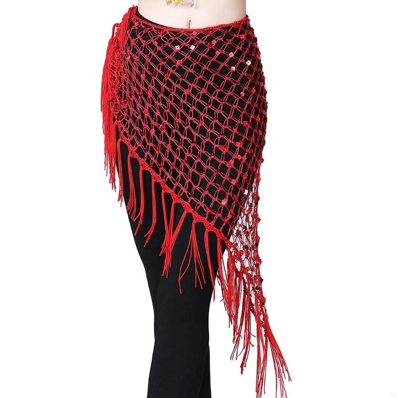 BellyDance Accessories for Women Long Tassel Belt Elastic Triangle of Hand Crochet Belly Dancing Hip Scarf Sequins Girls Belt