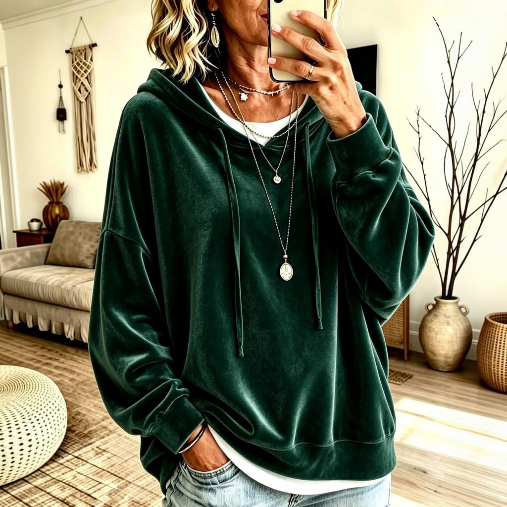 Women's Velvet Hooded Sweatshirt Casual Color for Fall Winter