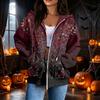 Damen Casual Halloween-Print Langarm Reißverschluss Hoodie Sweatshirt für Herbst und Alltag