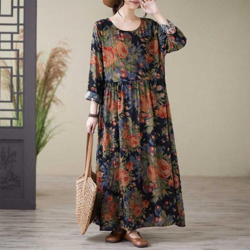 Printed Round Neck Loose Plus Size Long Sleeve Dresses for Women