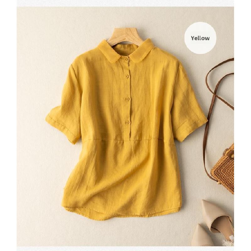 Solid Color Short-Sleeve Pullover Linen Shirt for Women, Vintage Hong Kong Style Cotton-Linen Blouse, 2026 Spring/Summer New Arrival