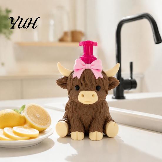 Countertop Soap Dispenser Highland Cow Dispenser, Pink Bow Cattle Refillable Hand Decorative Bottle, Plastic Empty Pump Bottle for Bathroom,