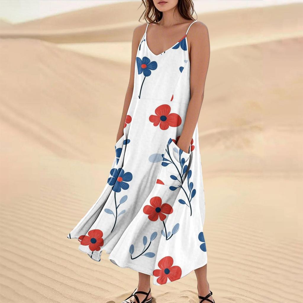 Women's Casual V Neck Floral Print Sleeveless Pocket Suspender Dress