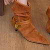 2025 Fall/Winter New Metal Buckle Booties Fashion Pointed Toe Non-slip Wear-resistant Mid-tube Boots