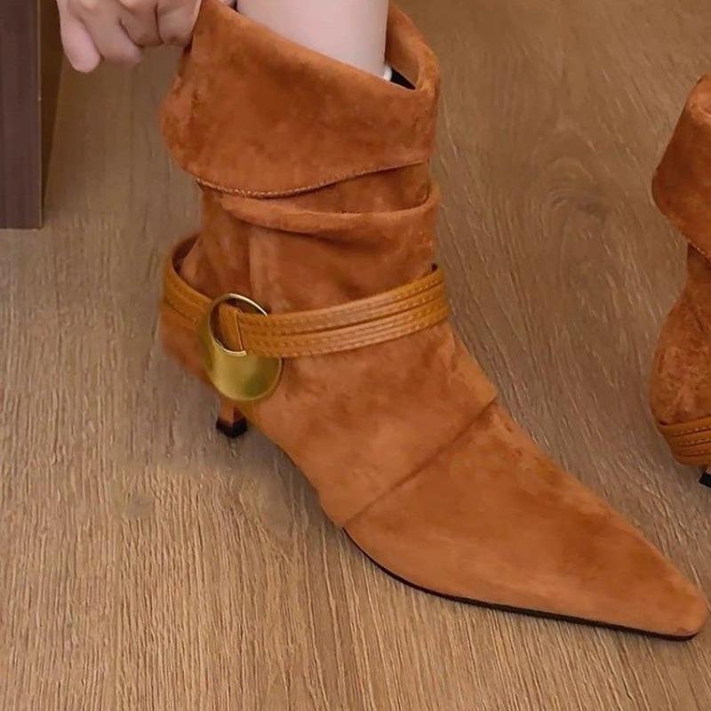 2025 Fall/Winter New Metal Buckle Booties Fashion Pointed Toe Non-slip Wear-resistant Mid-tube Boots
