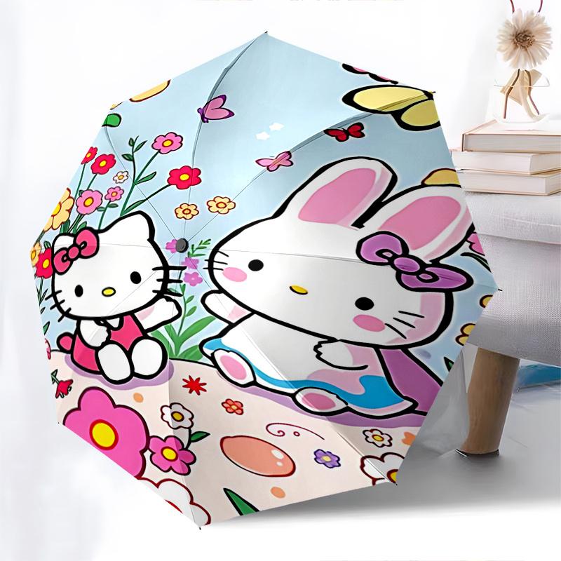 1pc Hello Kitty & Little Twin Stars Automatic Folding Umbrella - Portable 3-Fold Design with 8-Rib Iron Frame, Perfect for Outdoor Use, Festive Gifts,