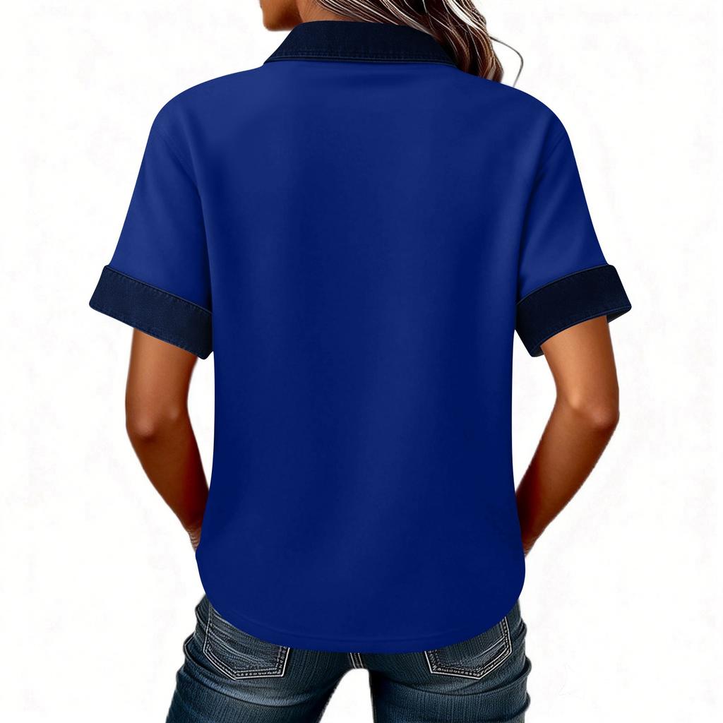 Denim Patchwork Shirts For Women Stand Collar Casual Blouse Short Sleeve Comfy Tshirt Spring Summer Fashion