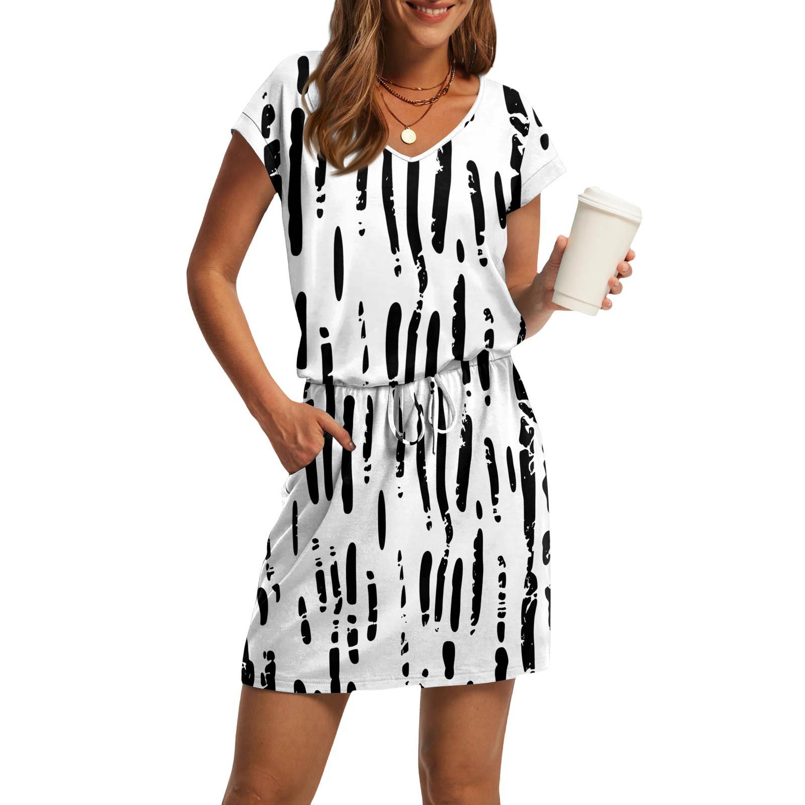 

Женские модные повседневные платья с V-образным вырезом и коротким рукавом, на завязках и карманах с принтом XL белый