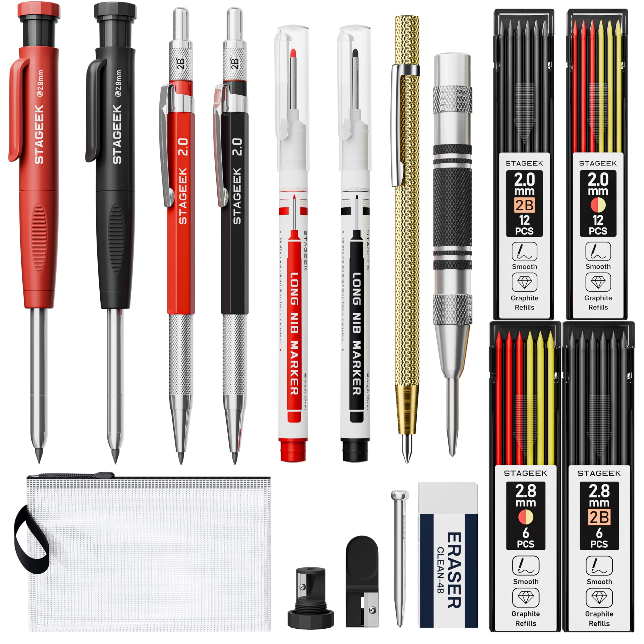 

STAGEEK Construction Mechanical Pencil Mechanical Scribing Center and Leads and 17-Piece Set 2.8mm Carpenter s Pencil, Pen, Punch, Marker, (Red,