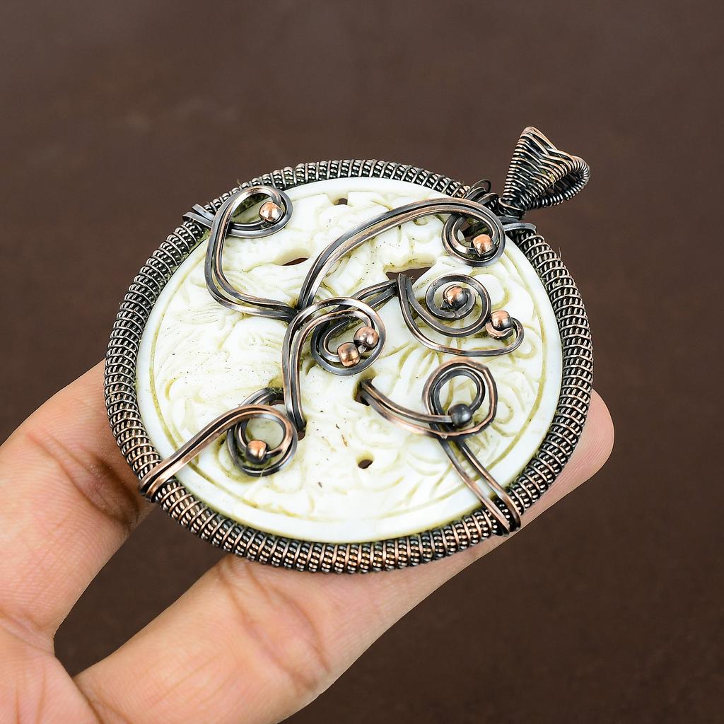 Natural Carved Mother Of Pearl Handmade Copper Wire Wrap Pendant 3.15" P2j10