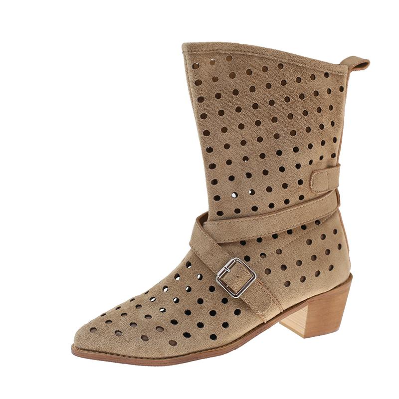 Mid-tube Boots Summer New Pointed Toe Sleeve Cutout Breathable Block Heel Sandals