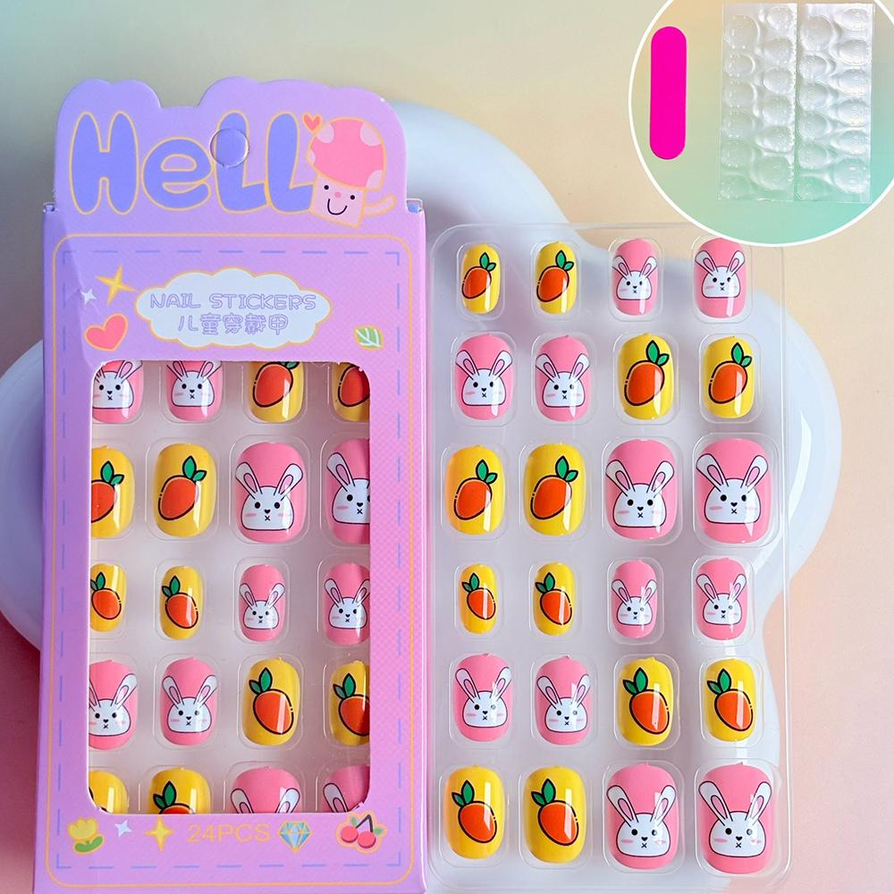 24pcs Kids' Cute Red Cherry/Rabbit/Carrot Press On Nails Cartoon Short Square Fake Nails Reusable Nails Decor with Glue & File