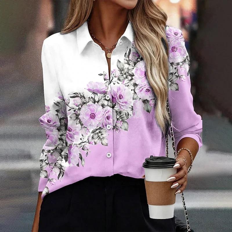 Elegant Long-sleeved Shirts for Women, Casual Blouses with 3D Flower Print Designs Spring Shirts