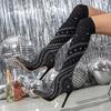 Mode Eilyken Sexy Bout Pointu Tissu Stretch Chaussette Par-dessus le Genou Bottes Design Femme Diamants Cristal Talons Fins Chaussures Stripper