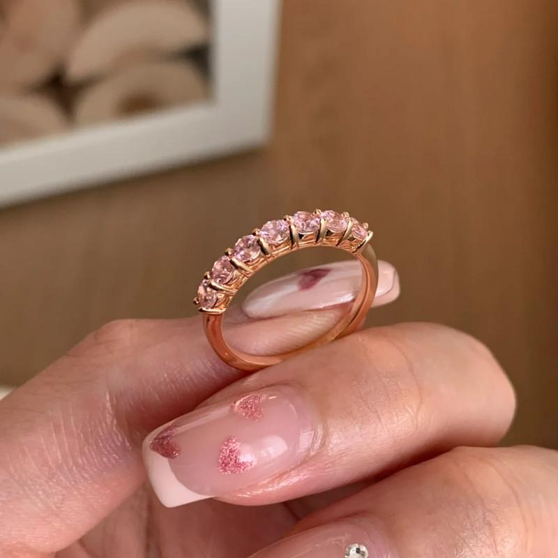 Stylish Sakura Pink Half Circle Zirconia Ring For Women Adjustable Copper Geometry