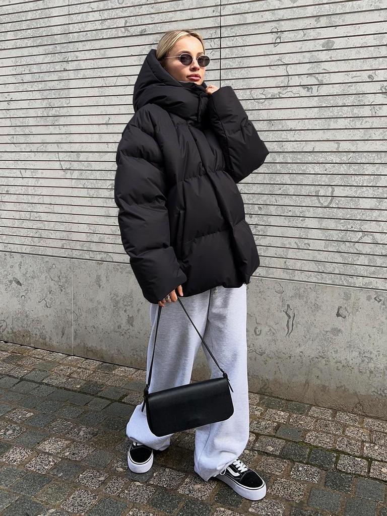 Women's 2024 Winter Hooded Cotton Jacket - Solid Color, Loose Fit, European & American Style