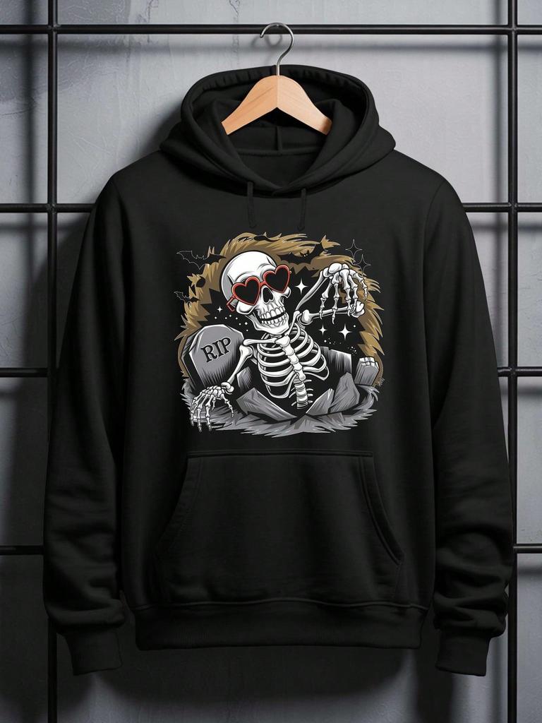 Men Front Print Hoodie, Skeleton Red Heart Sunglasses RIP Tombstone Bat Graphic Hooded Sweatshirt, Halloween Dark Humor Casual Loose Pullover Hoodie